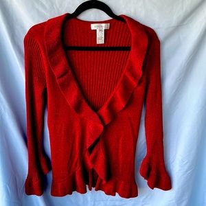 9 West red sparkly ruffled cardigan sweater